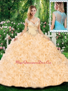 Luxurious Ball Gown Cap Sleeves Champagne Quinceanera Dresses with Beading and Ruffles for Fall
