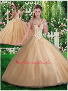 Simple A Line Champange Quinceanera Gowns with Beading and Appliques