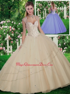 Simple Straps Beading Champange Quinceanera Gowns for 2016