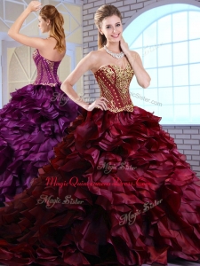 2016 Best Brush Train Ruffles and Appliques Quinceanera Dresses in Wine Red