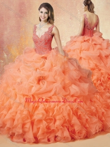 Formal V Neck Beading and Ruffles Quinceanera Dresses with Brush Train