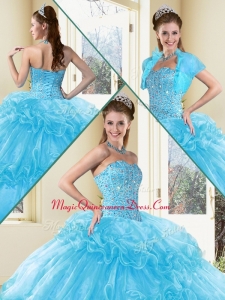 Sweet Ball Gown Sweet 15 Quinceanera Dresses with Beading and Ruffled Layers in Aqua Blue