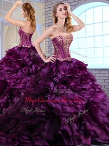 Wonderful Brush Train Dark Purple Sweet 15 Quinceanera Dresses with Ruffles and Appliques