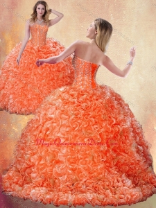 Fashionable Brush Train Orange Sweet 15 Quinceanera Dresses with Beading and Ruffles