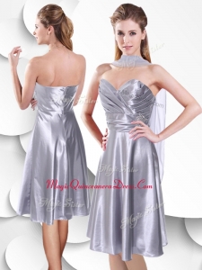 2016 Best Empire Elastic Woven Satin Silver Dama Dress with Beading and Ruching