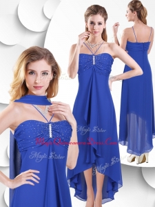 2016 Simple Spaghetti Straps High Low Blue Dama Dress with Beading