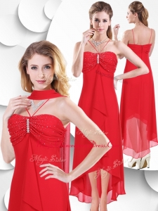 Affordable Spaghetti Straps High Low Red Dama Dress with Beading