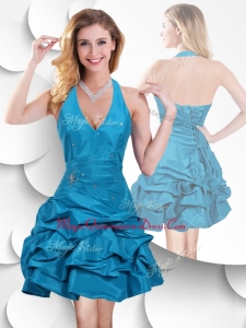 New Arrival Halter Top Taffeta Teal Dama Dress with Bubles