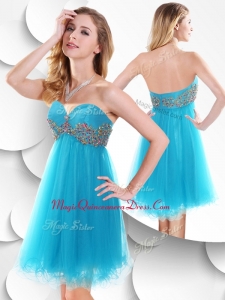 New Arrival Short Baby Blue Dama Dress with Beading