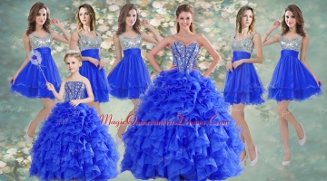 Big Puffy Beaded Blue Quinceanera Dress and Sequined Short Dama Dresses Ruffled Mini Quinceanera Dress