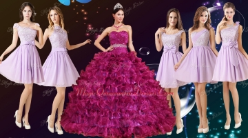 Gorgeous Ruffled and Beaded Fuchsia Quinceanera Dress and Laced Lavender Short Dama Dresses