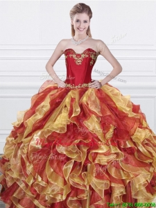 Romantic Applique and Ruffled Organza Quinceanera Dress in Red and Yellow