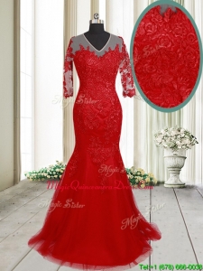 2017 Lovely Mermaid V Neck Brush Train Laced Red Dama Dress with Half Sleeves