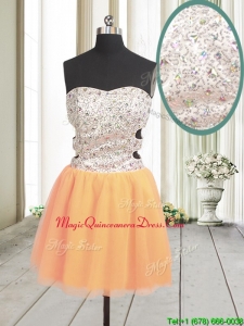Latest Cut Out Waist Zipper Up Orange Red Dama Dress with Beading and Sequins