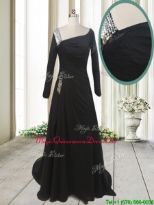 Fashionable Asymmetrical Neck Brush Train Black Dama Dress with Long Sleeves