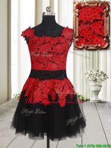 Simple Laced and Bowknot Square Tulle Short Dama Dress in Red and Black