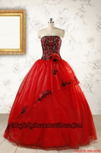 Red Appliques Strapless Quinceanera Dresses for 2015