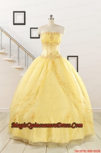 Pretty Yellow Quinceanera Dresses with Appliques and Beading For 2015