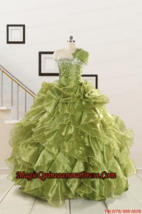 Inexpensive Olive Green Dresses for Quince with Beading and Ruffles