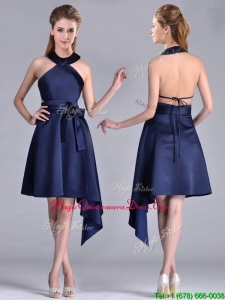 2016 Elegant Halter Top Asymmetrical Navy Blue Dama Dress in Satin