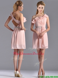 2016 Latest Beaded and Ruffled Pink Dama Dress with Criss Cross