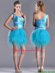 2016 Wonderful One Shoulder Ruched and Ruffled Aqua Blue Dama Dress in Tulle