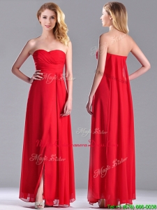 Beautiful Sweetheart Chiffon Ruched Red Dama Dress in Ankle Length