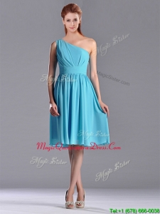 Discount Chiffon Baby Blue Knee Length Dama Dress with One Shoulder