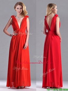 Elegant Deep V Neckline Red Dama Dress with Hand Crafted Flowers