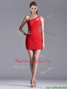 New Arrivals Side Zipper One Shoulder Red Dama Dress with Beading