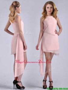 New Style Scoop Empire Chiffon Asymmetrical Dama Dress in Baby Pink