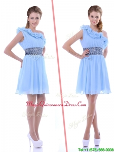 One Shoulder Light Blue Dama Dress with Beaded Decorated Waist and Ruffles