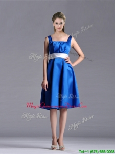 2016 Exquisite Empire Square Taffeta Blue Dama Dress with White Belt