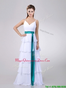 2016 Lovely White Dama Dress with Ruffled Layers and Turquoise Belt