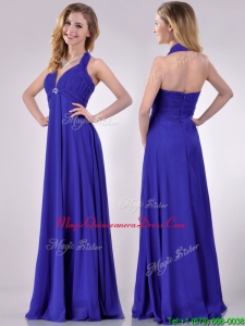 2016 New Style Halter Top Zipper Up Long Dama Dress in Blue