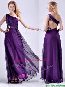 Elegant One Shoulder Criss Cross Purple Dama Dress with Beading