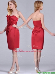 Low Price Red Column Satin Knee Length Dama Dress with Ruffles
