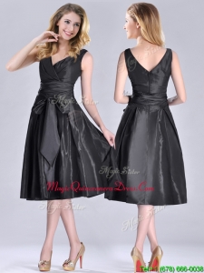 Popular Empire Black Tea Length Dama Dress with Ruching and Bowknot