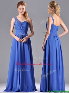 2016 Column Chiffon Beading and Ruching Blue Dama Dress with One Shoulder
