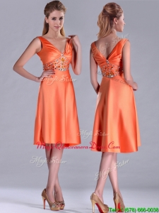 2016 New Arrivals V Neck Beaded Short Dama Dress in Orange Red