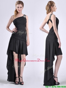 2016 Romantic High Low One Shoulder Black Dama Dress with Criss Cross
