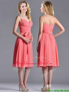 Best Spaghetti Straps Watermelon Dama Dress with Ruching and Bowknot