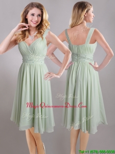 Exclusive Beaded and Ruched Apple Green V Neck Dama Dress in Chiffon