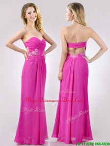 Fashionable Sweetheart Backless Beaded and Ruched Dama Dress in Hot Pink