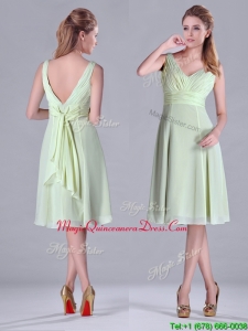 Lovely Tea Length Ruched and Belted Dama Dress in Yellow Green