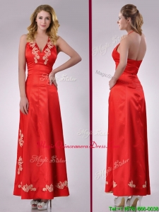 Modest Column Halter Top Backless Red Dama Dress with Appliques