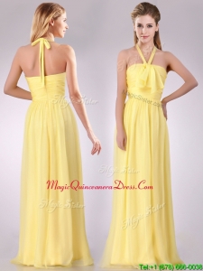 Lovely Halter Top Chiffon Ruched Long Dama Dress in Yellow