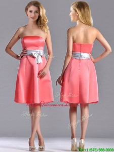 Best Selling Watermelon Knee Length Dama Dress with Silver Bowknot