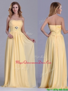 Lovely Empire Yellow Long Dama Dress with Beading and Ruching