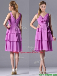 Classical V Neck Lilac Dama Dress with Handcrafted Flower and Ruching